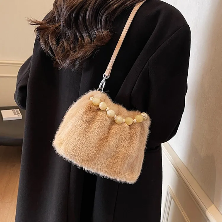 ERANGBEAR Plush Shoulder Bag Women's Khaki/Black/Coffee/Ecru/Leopard Print Ecru/Leopard Print Coffee-1