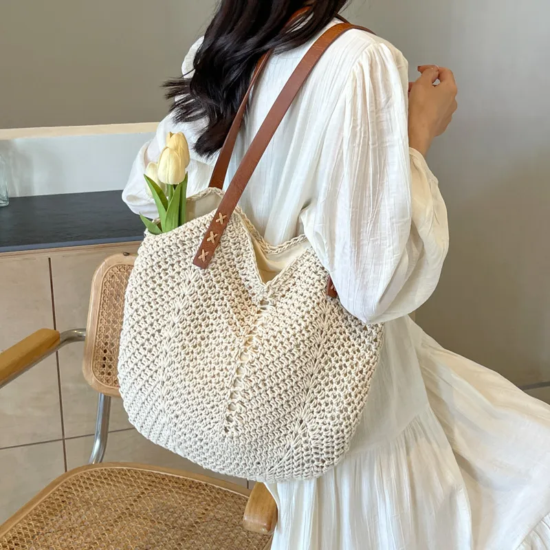 ERANGBEAR Cotton Shoulder Bag Small Size Women's White/Khaki-2