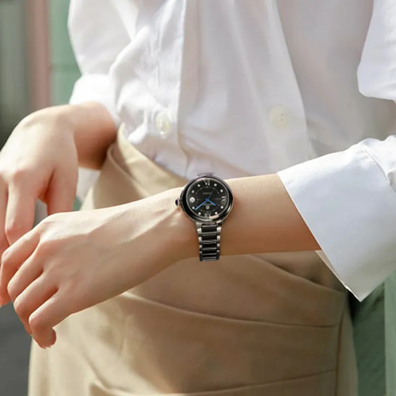 MANJAZ Mechanical Movement Stainless Steel Watchband Women's Watch White Dial-3