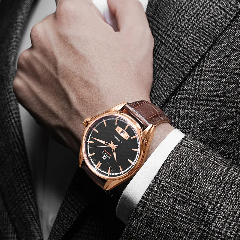 MANJAZ Automatic Mechanical Movement Leather Watch Bands Watch Men's Watches Black Dial-5