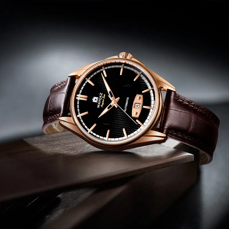 MANJAZ Automatic Mechanical Movement Leather Watch Bands Watch Men's Watches Black Dial-3