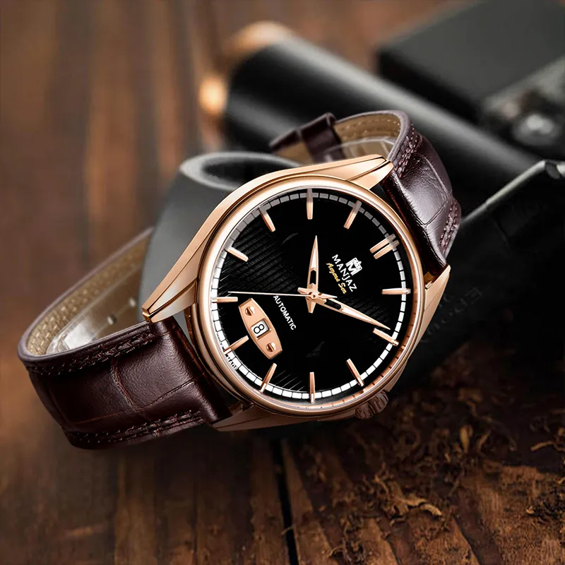 MANJAZ Automatic Mechanical Movement Leather Watch Bands Watch Men's Watches Black Dial-1