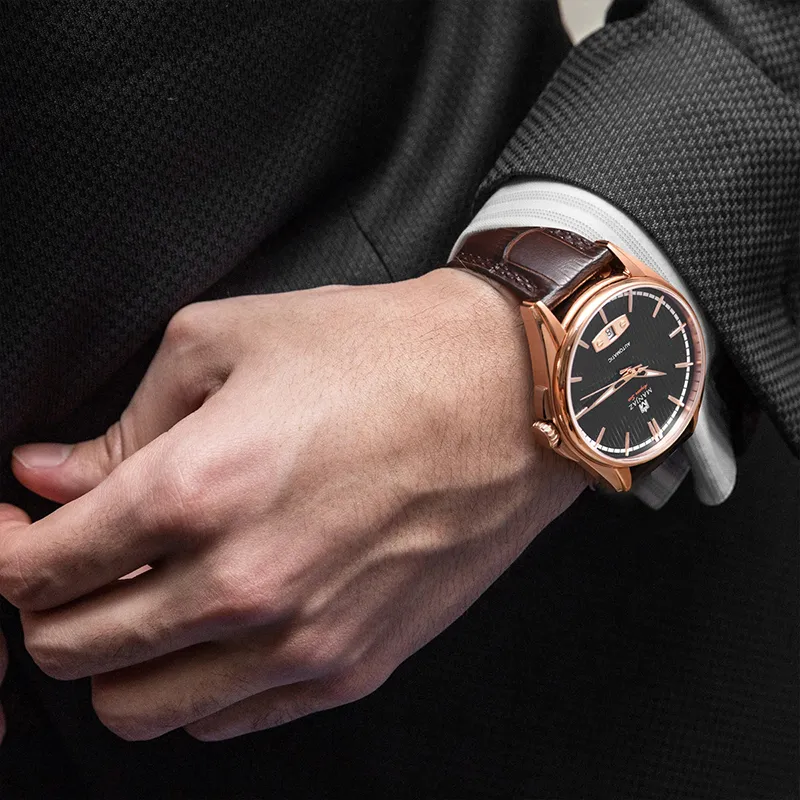 MANJAZ Automatic Mechanical Movement Leather Watch Bands Watch Men's Watches Black Dial-4