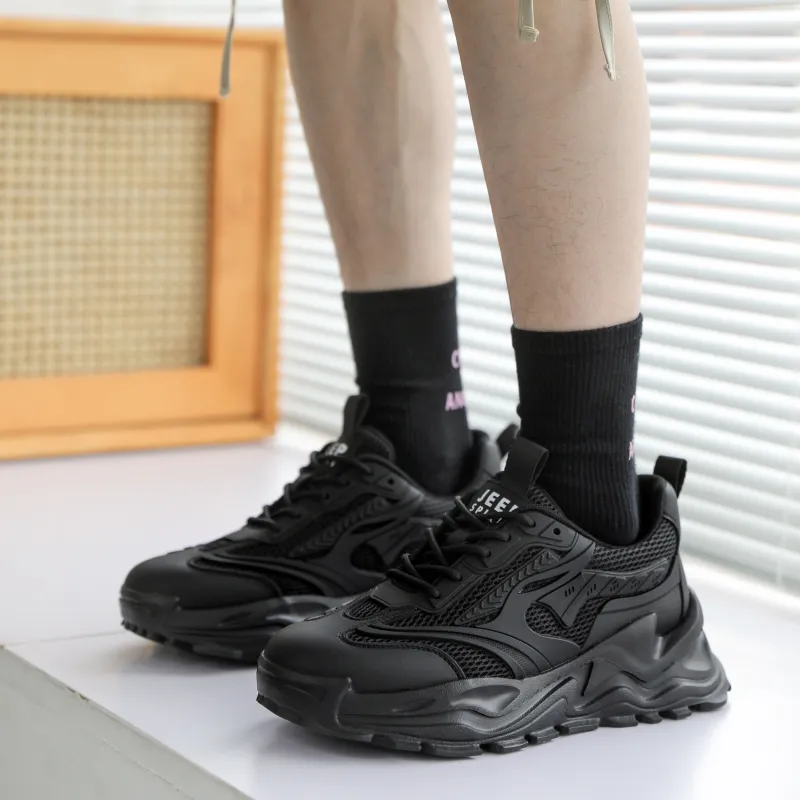 JEEP SPIRIT Anti-Slip Wear-Resistant Breathable Moisture-Wicking Height Increasing Low-Top Chunky Sneakers Men's Black-7