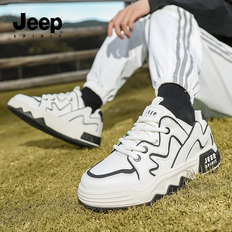 JEEP SPIRIT Slip Resistant Water Resistant Height Increasing Low Top Casual Skateboard Shoes Men White-9