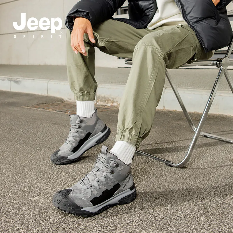 JEEP SPIRIT Non-slip Wear-resistant Impact-resistant High-Top Outdoor Shoes Men's Climbing Gray-4