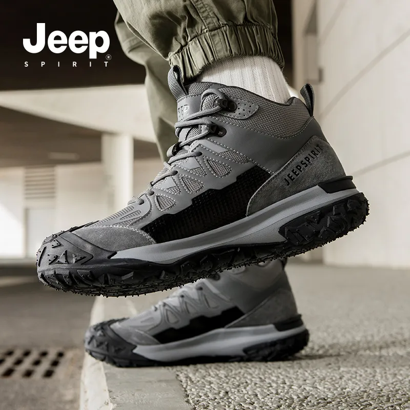 JEEP SPIRIT Non-slip Wear-resistant Impact-resistant High-Top Outdoor Shoes Men's Climbing Gray-5