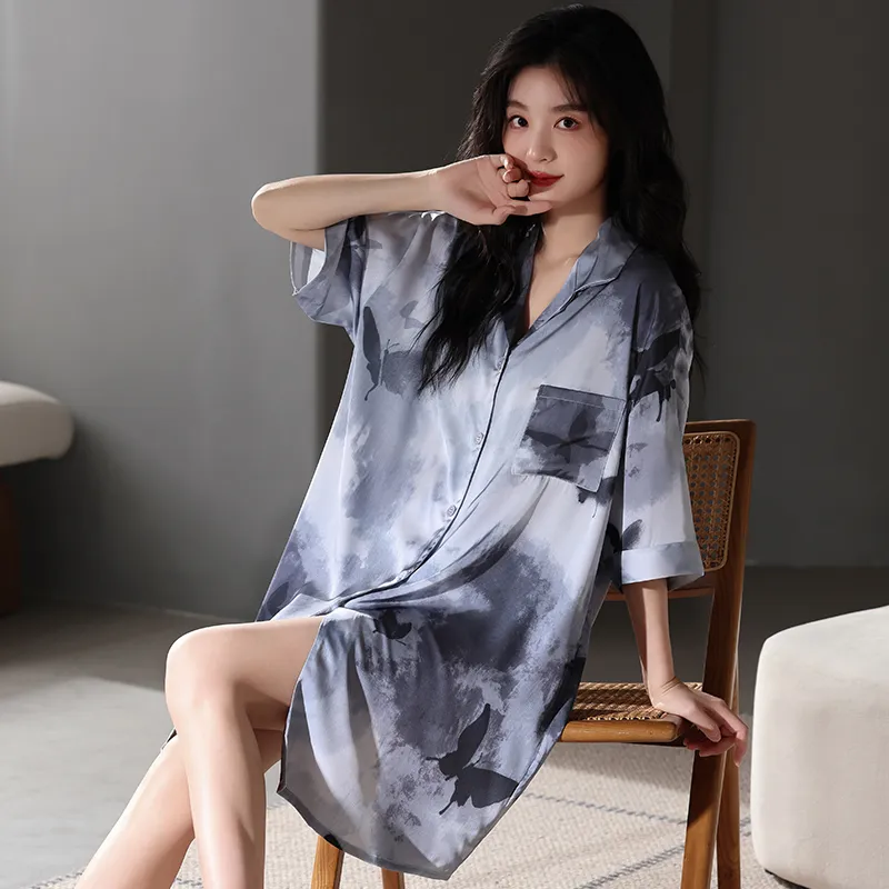 FENTENGCARE Nightgown Women's Navy Blue-7