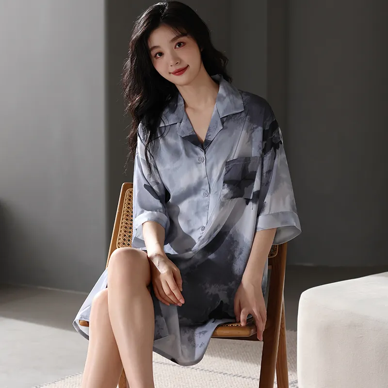 FENTENGCARE Nightgown Women's Navy Blue-5