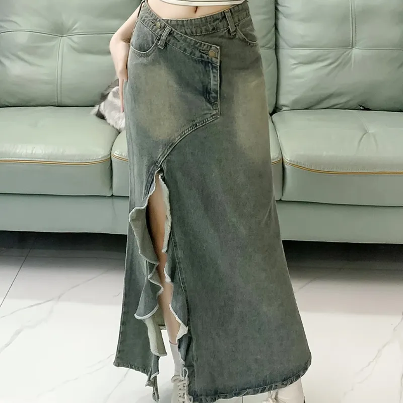 MIMOSA CHUR Denim Long Skirt Women's Blue-4