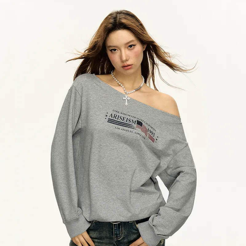 Ariseism Design Pullover Slanted Shoulders Long Sleeved Sweatshirt, New Autumn Top Women's-4
