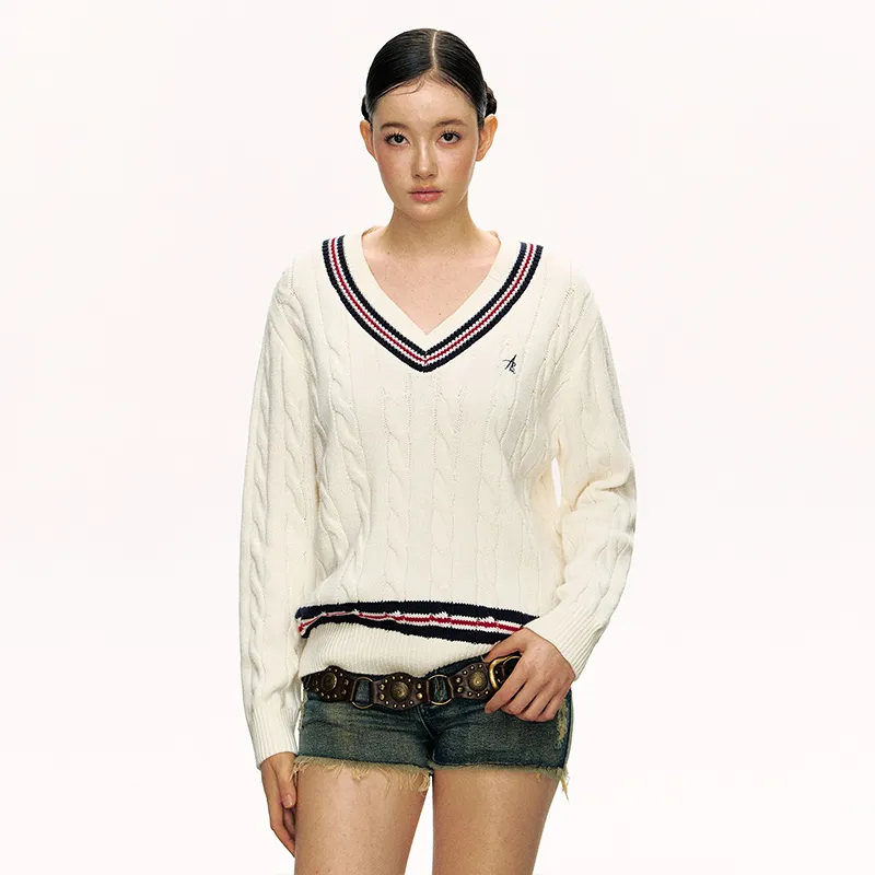 Ariseism Thickened V Neck Loose Fit Long Sleeved Knitted Fabric Sweater Fall And Winter Top Women's-5