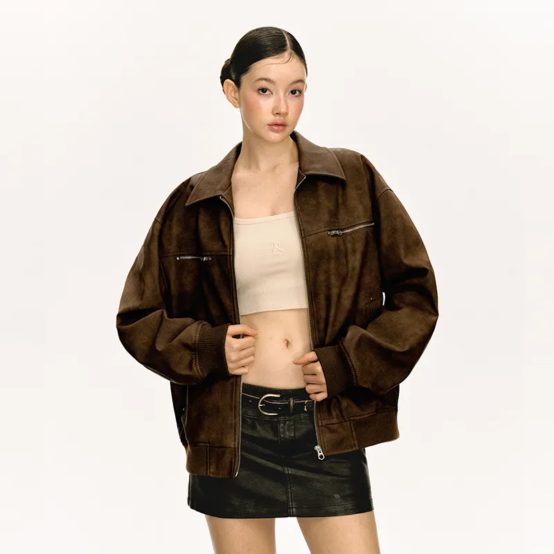 Ariseism Design Zip Closure Lapel Suede Leather Jacket Crop Top Coat For Fall And Winter Women's-3