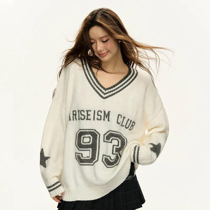 Ariseism V Neck Jersey Style Loose Fit Long Sleeved Knitwear Sweater Fall New Arrival Top Women's-5