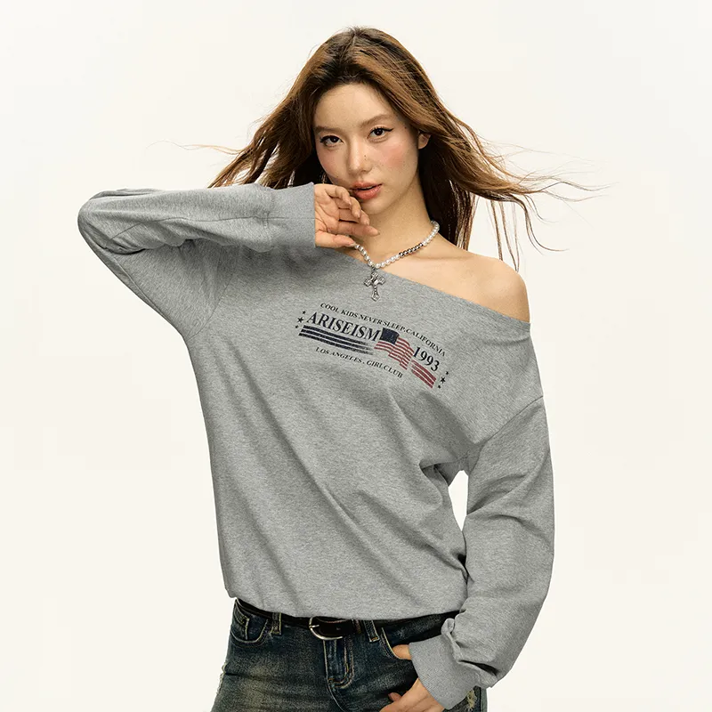 Ariseism Design Pullover Slanted Shoulders Long Sleeved Sweatshirt, New Autumn Top Women's-5
