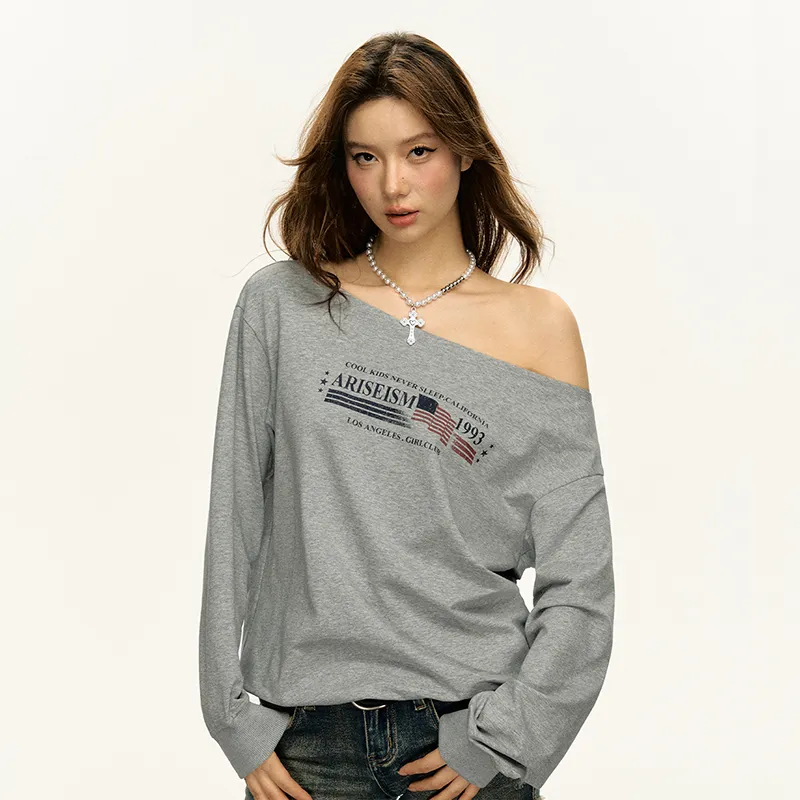 Ariseism Design Pullover Slanted Shoulders Long Sleeved Sweatshirt, New Autumn Top Women's-2