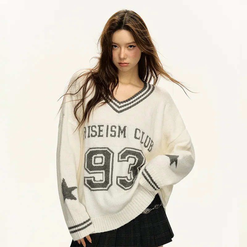 Ariseism V Neck Jersey Style Loose Fit Long Sleeved Knitwear Sweater Fall New Arrival Top Women's-4