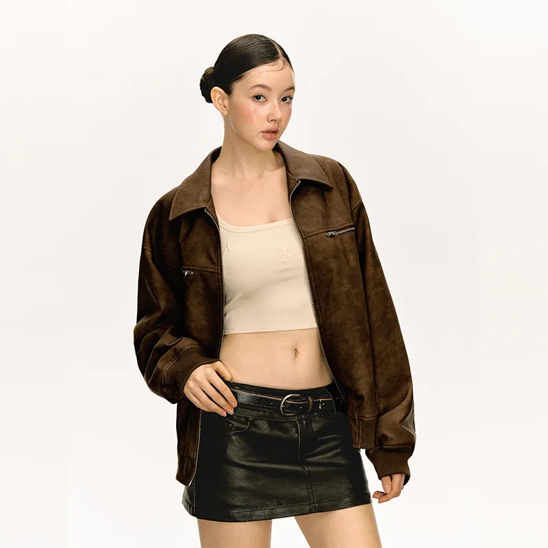 Ariseism Design Zip Closure Lapel Suede Leather Jacket Crop Top Coat For Fall And Winter Women's-4