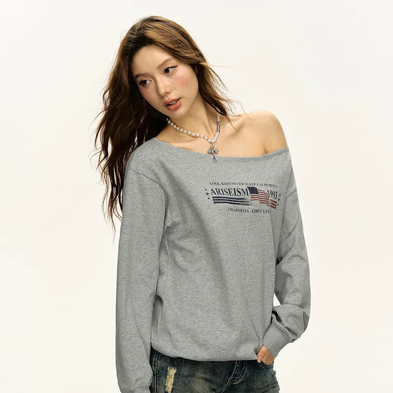 Ariseism Design Pullover Slanted Shoulders Long Sleeved Sweatshirt, New Autumn Top Women's-3