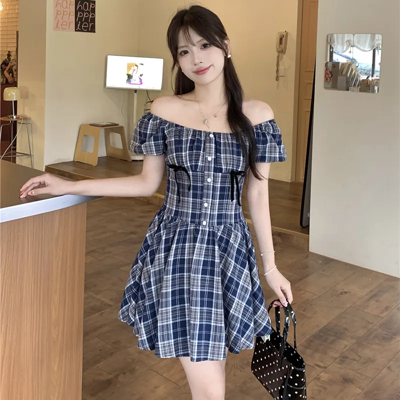 BEAUTIFUL CONFESSION Short Sleeved Dress Women's Blue Plaid-5