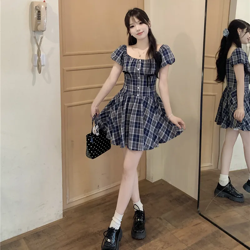 BEAUTIFUL CONFESSION Short Sleeved Dress Women's Blue Plaid-2
