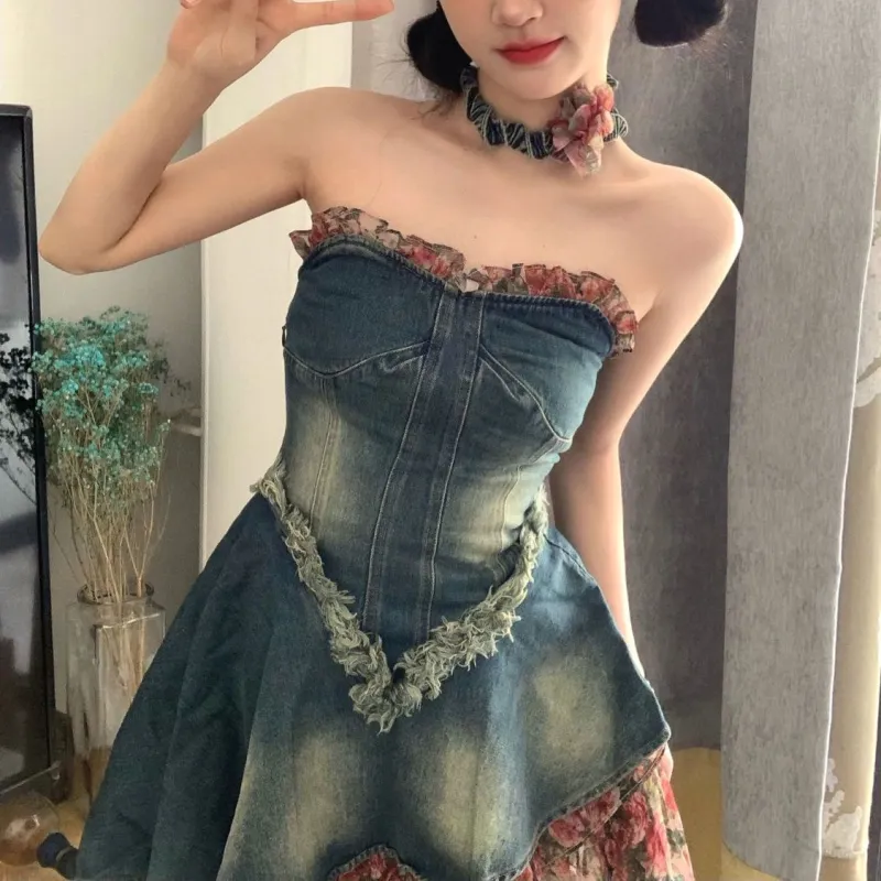 KUNZHUDAXIANG Sleeveless Dress Women's Denim Blue-10