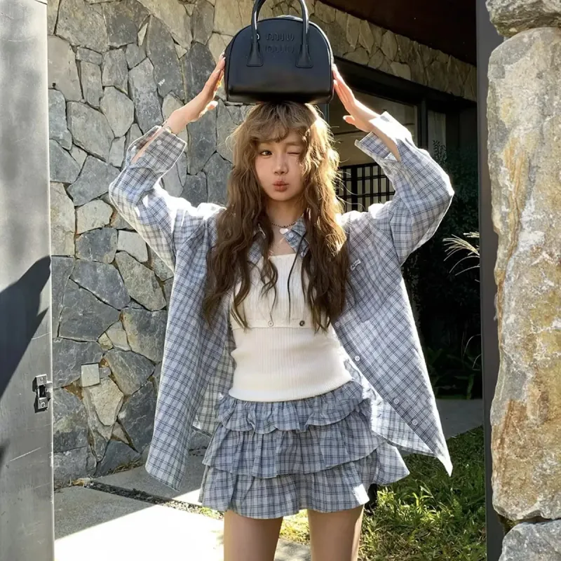 MTHE Two Piece Skirt Sets Women's Blue Plaid-4