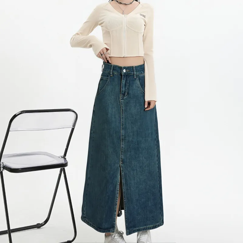 MTHE Denim Long Skirts Women's Dark Blue-3