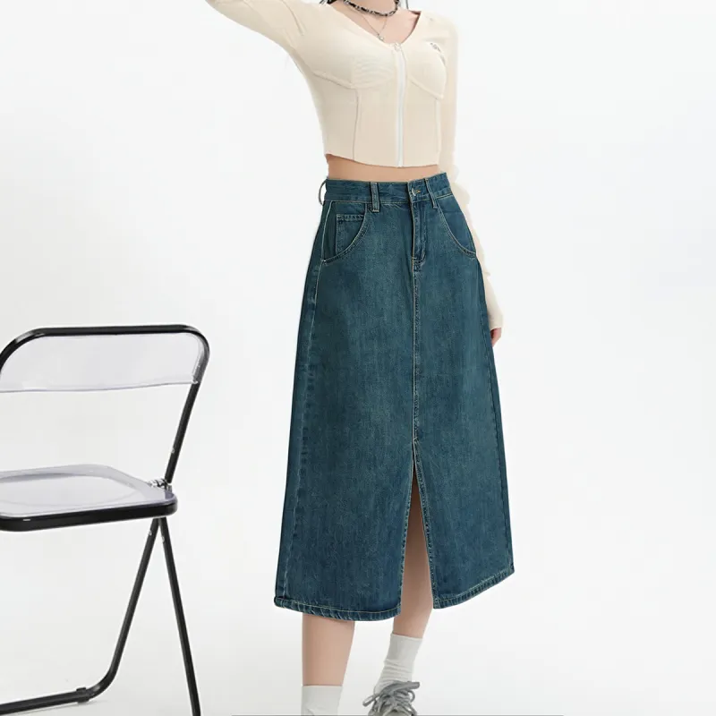 MTHE Denim Long Skirts Women's Dark Blue-2