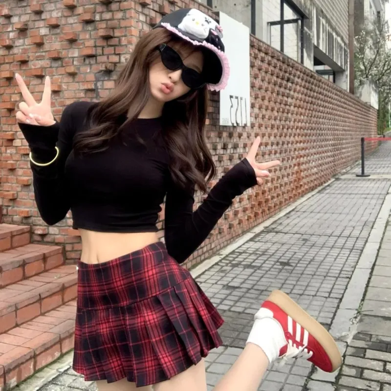 MTHE Casual Short Skirts Women's Red Black Plaid-5