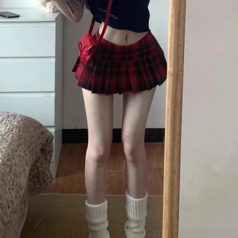MTHE Casual Short Skirts Women's Red Black Plaid-3