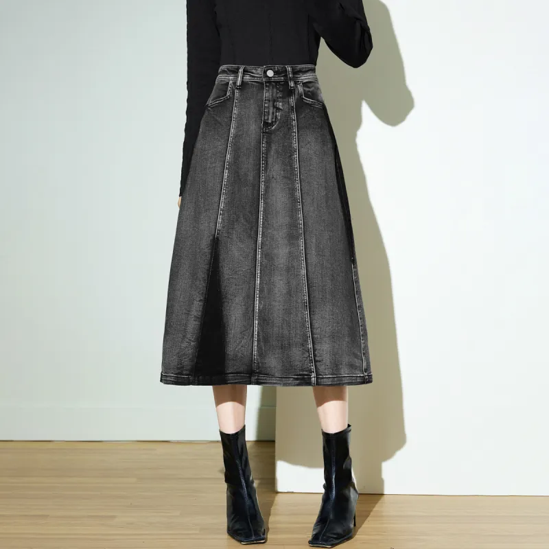 SMEN Denim Long Skirts Women's Black-5