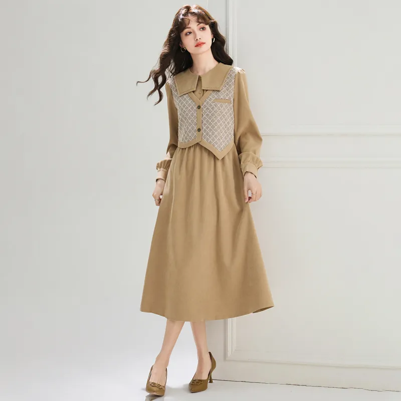 SMEN Long Sleeved Dresses Women's Khaki-6