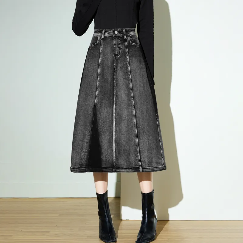 SMEN Denim Long Skirts Women's Black-3
