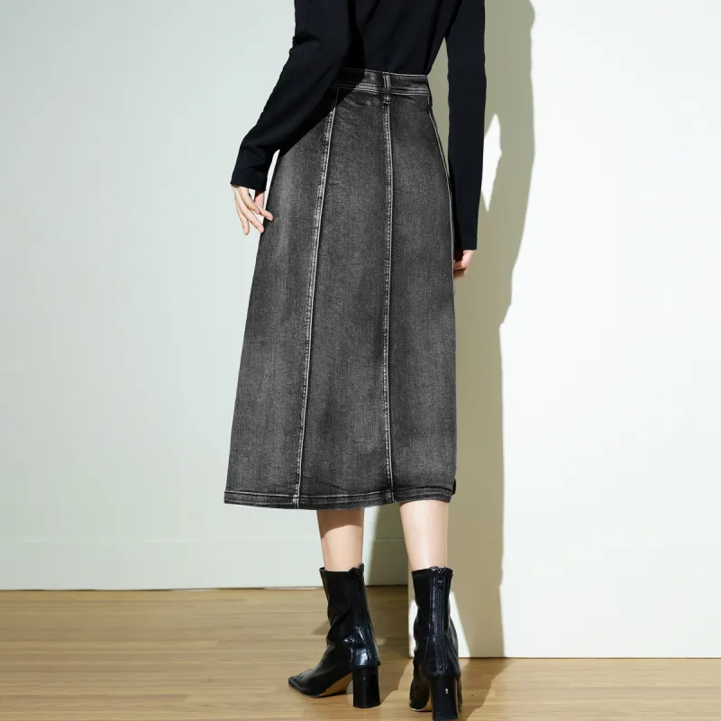 SMEN Denim Long Skirts Women's Black-4