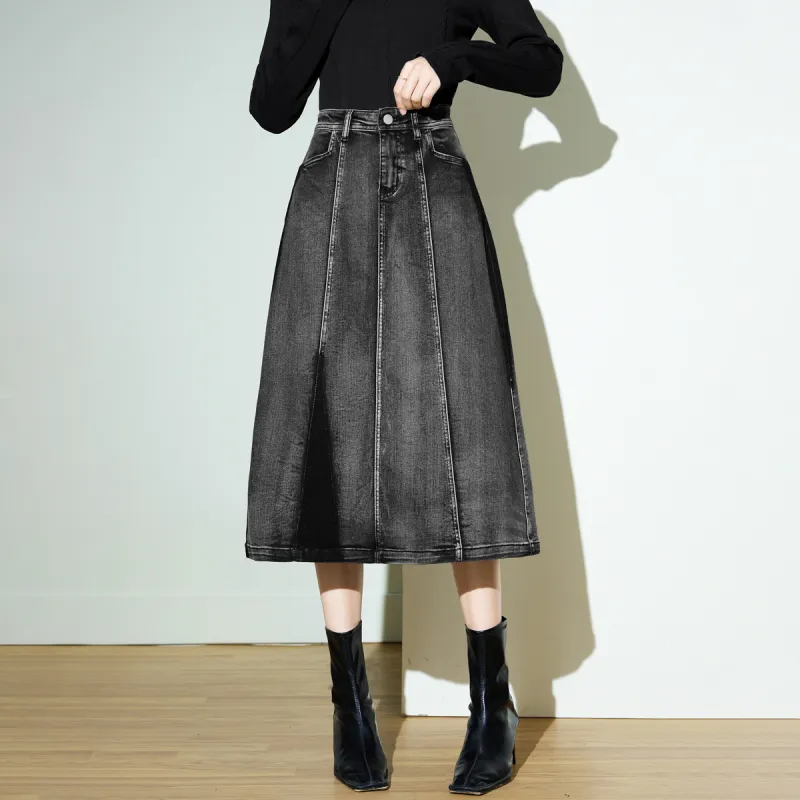 SMEN Denim Long Skirts Women's Black-2