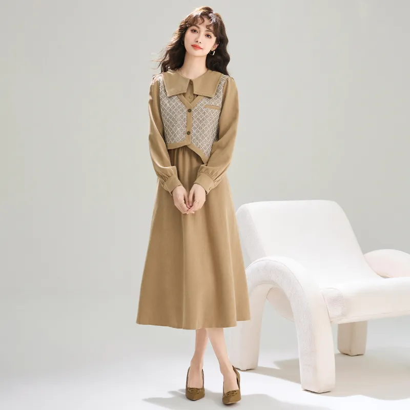 SMEN Long Sleeved Dresses Women's Khaki-3