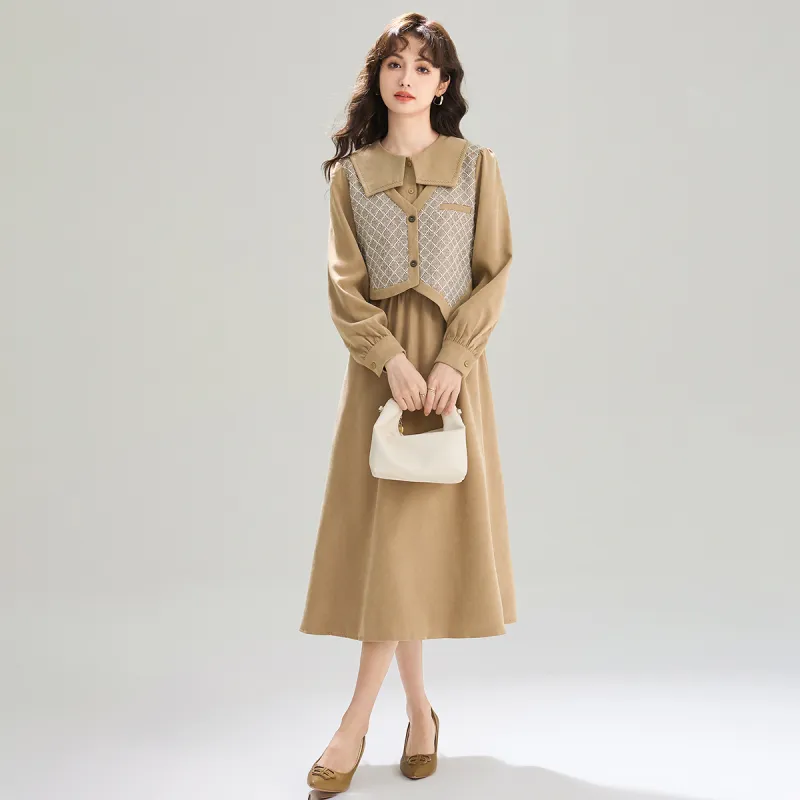 SMEN Long Sleeved Dresses Women's Khaki-5