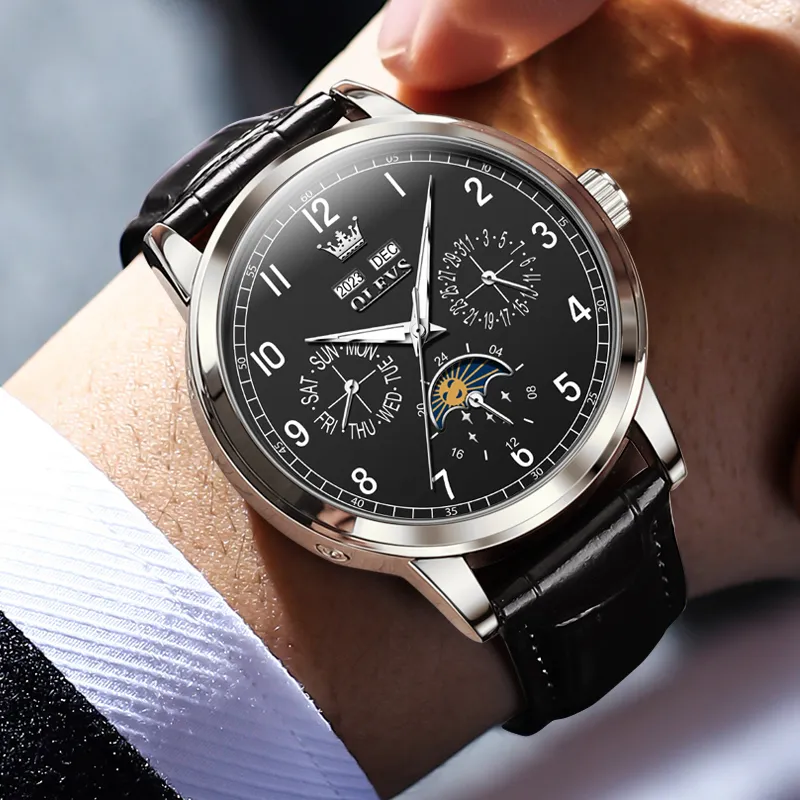 OLEVS Wisdom Series Mechanical Movement Leather Watch Bands Watch Men's Watches Black Dial-4
