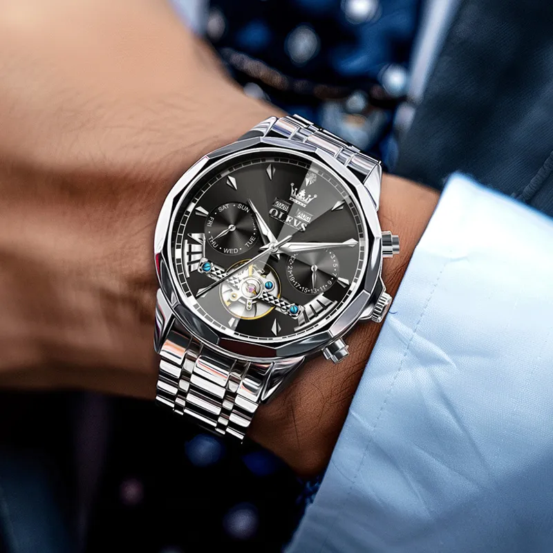 OLEVS Play The Cool Series Mechanical Movement Stainless Steel Watchband Watch Men's Watches Black Dial-4