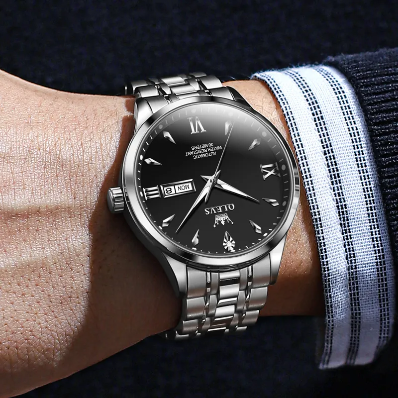 OLEVS Automatic Mechanical Movement Stainless Steel Watchband Watch Men's Watches Black Dial-3