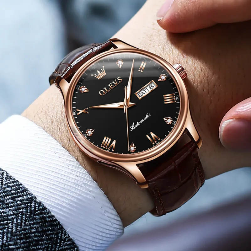 OLEVS Automatic Mechanical Movement Leather Strap Watch Men's Watches White Dial-7