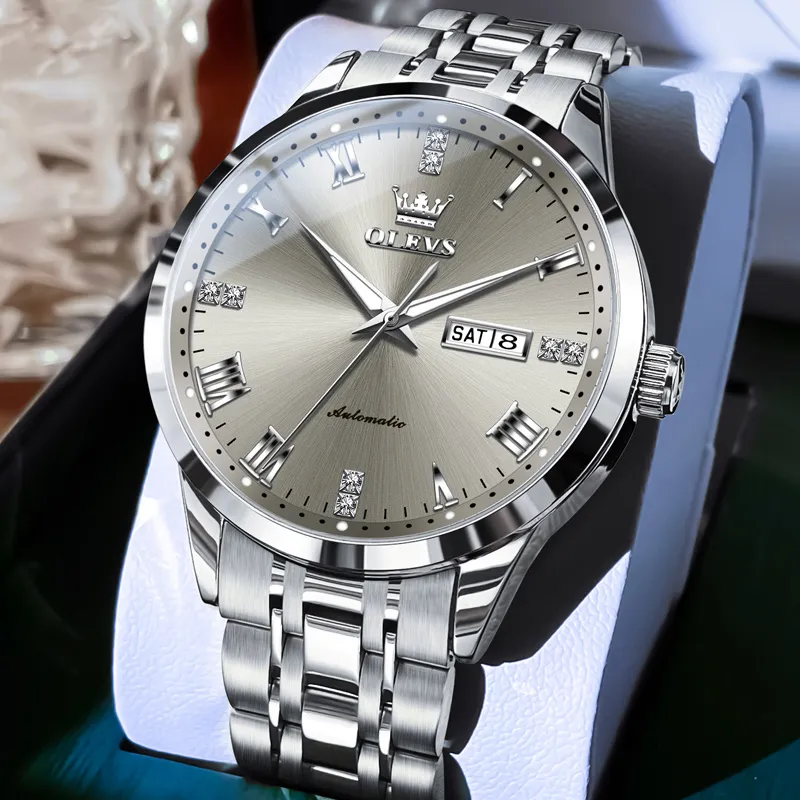 OLEVS Minimalist Series Mechanical Movement Stainless Steel Watchband Watch Men's Watches Black Dial-11