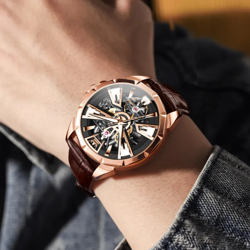 OLEVS Play The Cool Series Mechanical Movement Leather Watch Bands Watch Men's Watches Black Dial-14
