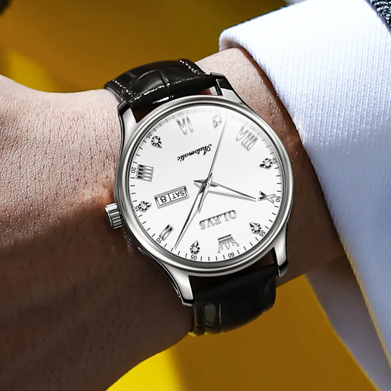 OLEVS Automatic Mechanical Movement Leather Strap Watch Men's Watches White Dial-12