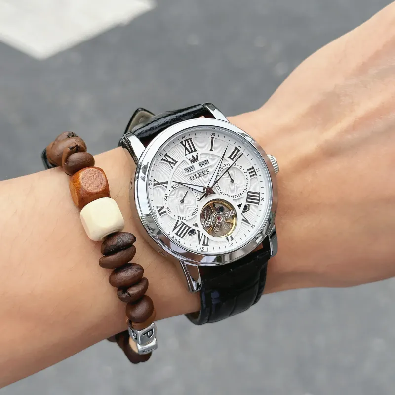 OLEVS Play The Cool Series Automatic Mechanical Movement Leather Strap Watch Men's Watches White Dial-8