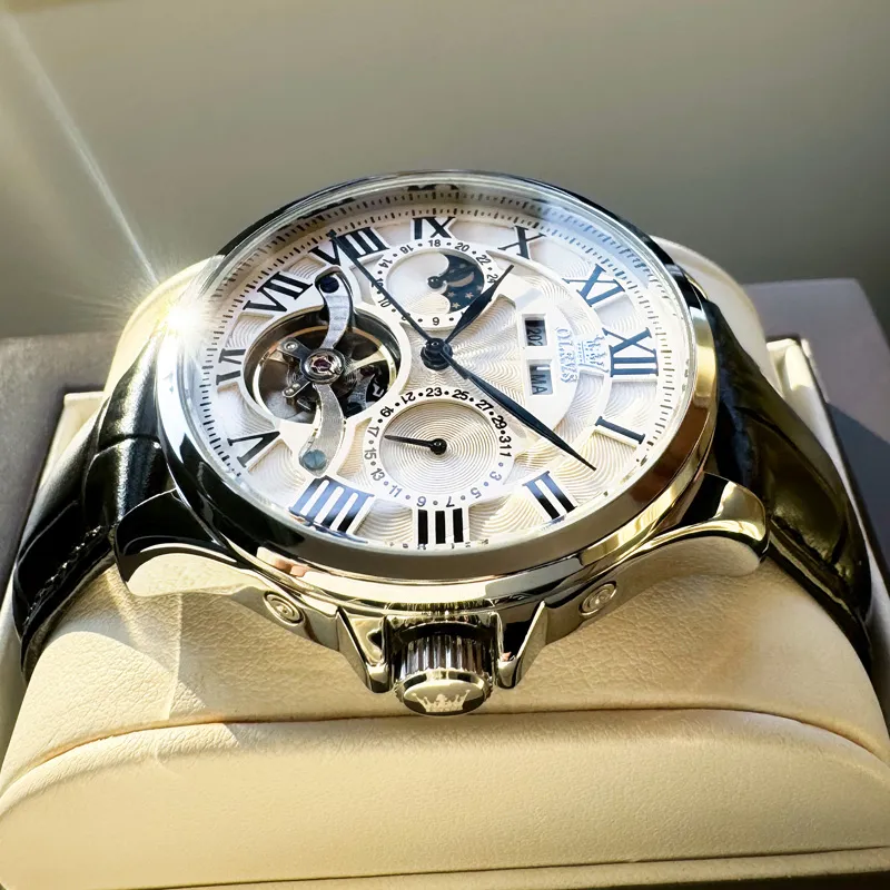 OLEVS Automatic Mechanical Movement Leather Strap Watch Men's Watches White Dial-2