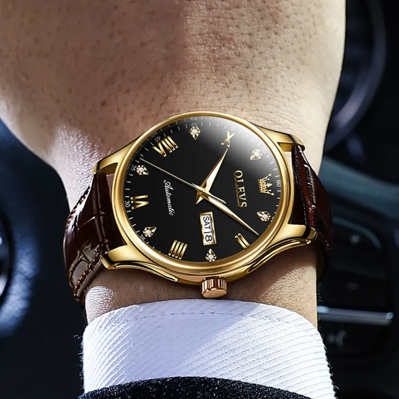 OLEVS Automatic Mechanical Movement Leather Strap Watch Men's Watches White Dial-19