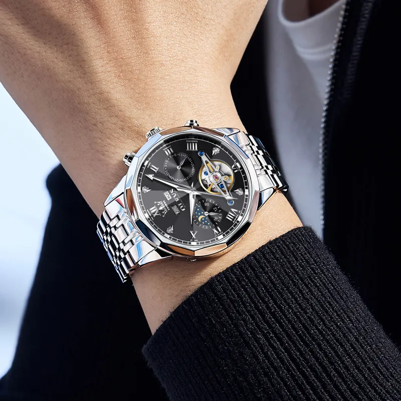 OLEVS Wisdom Series Automatic Mechanical Movement Stainless Steel Watchband Watch Men's Watches Black Dial-1