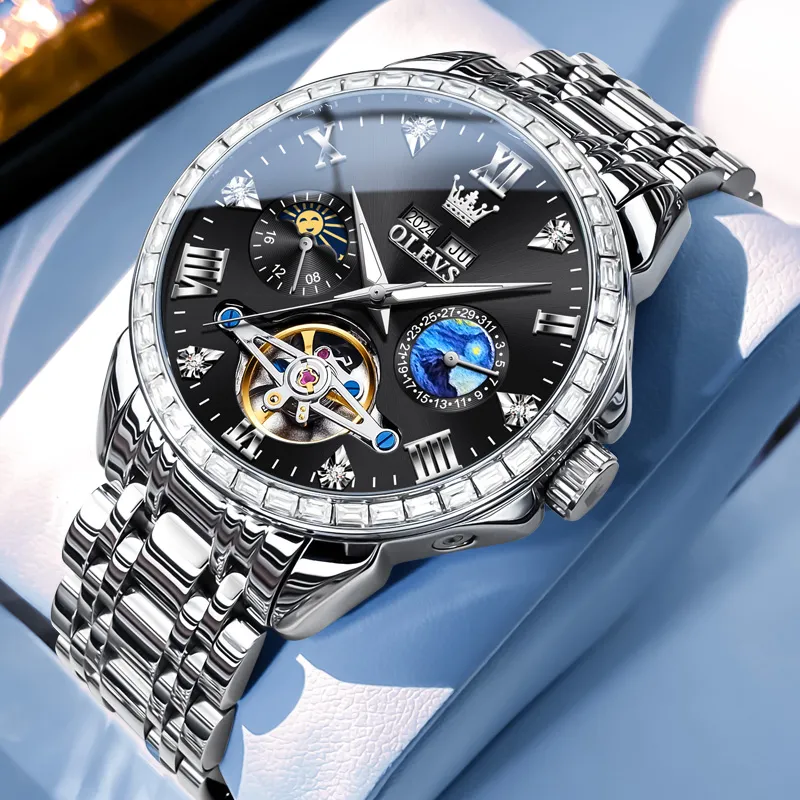 OLEVS Play The Cool Series Mechanical Movement Stainless Steel Watchband Watch Men's Watches Black Dial-1